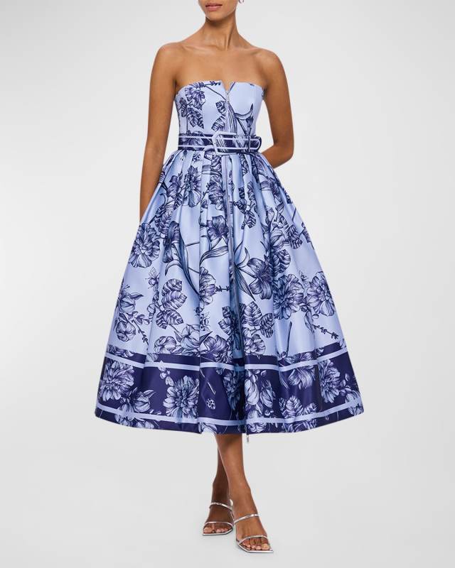 Norine Bustier Belted Floral Midi Dress